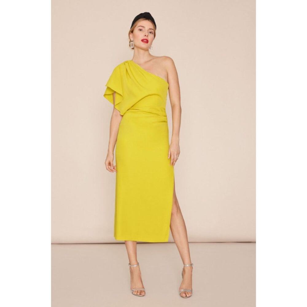 BRUNA Marcela One Shoulder Dress Chartreuse Yellow Pleated Knee Length Women's L